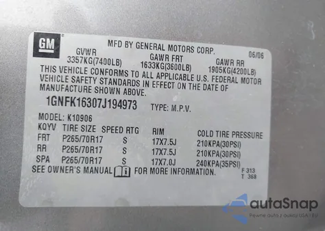 2007 Chevrolet Suburban 1500 Lt z USA, uszkodzony, nr VIN 1GNFK16307J194973